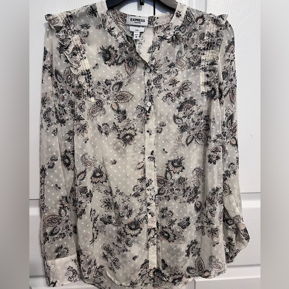 Express Portofino Shirt. Size Medium - Off White Sheer Button Floral Slim Fit - Picture 4 of 8